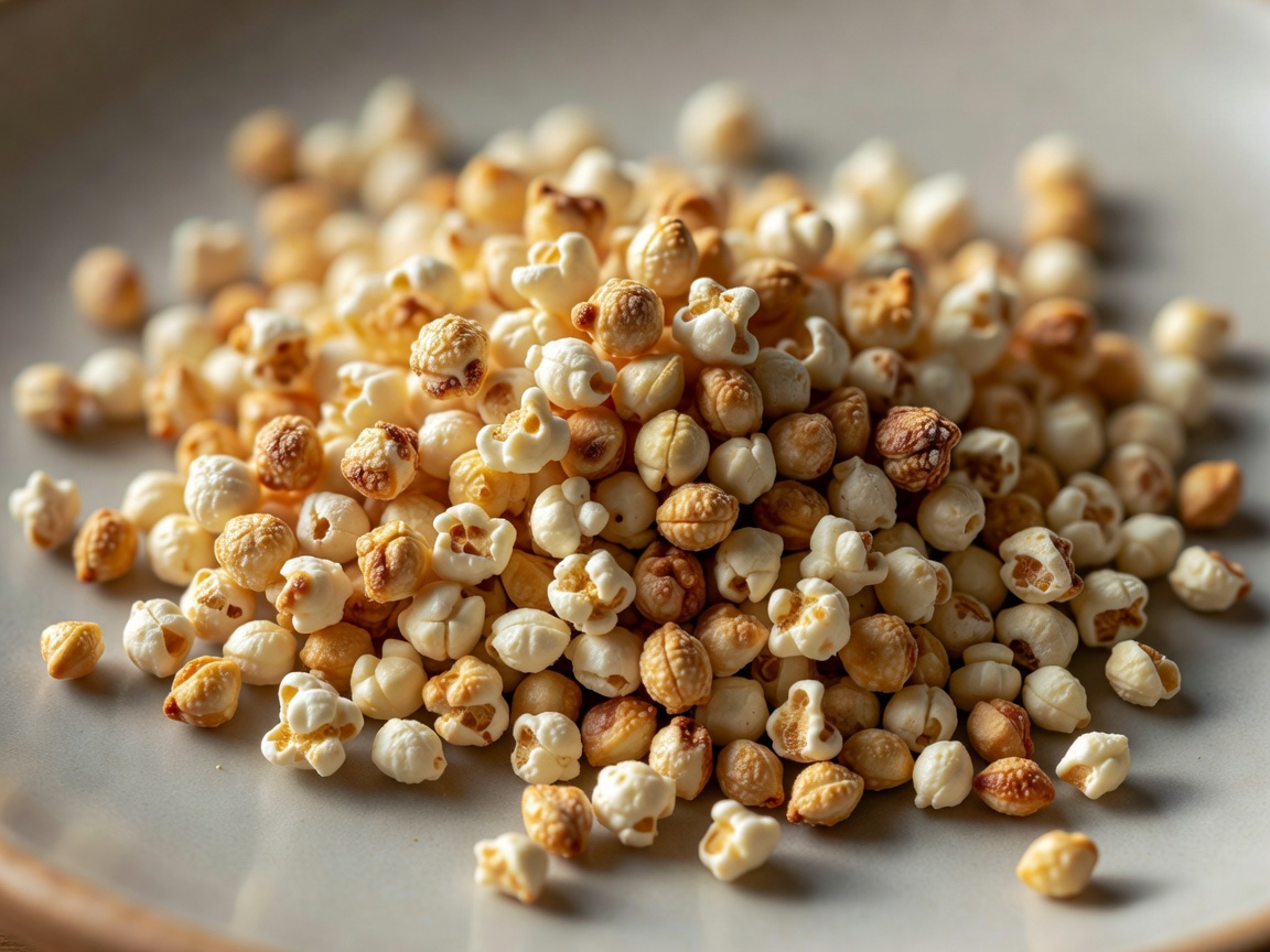 A close up shot of tiny toasted and popped amaranth seeds looking like miniature popcorn