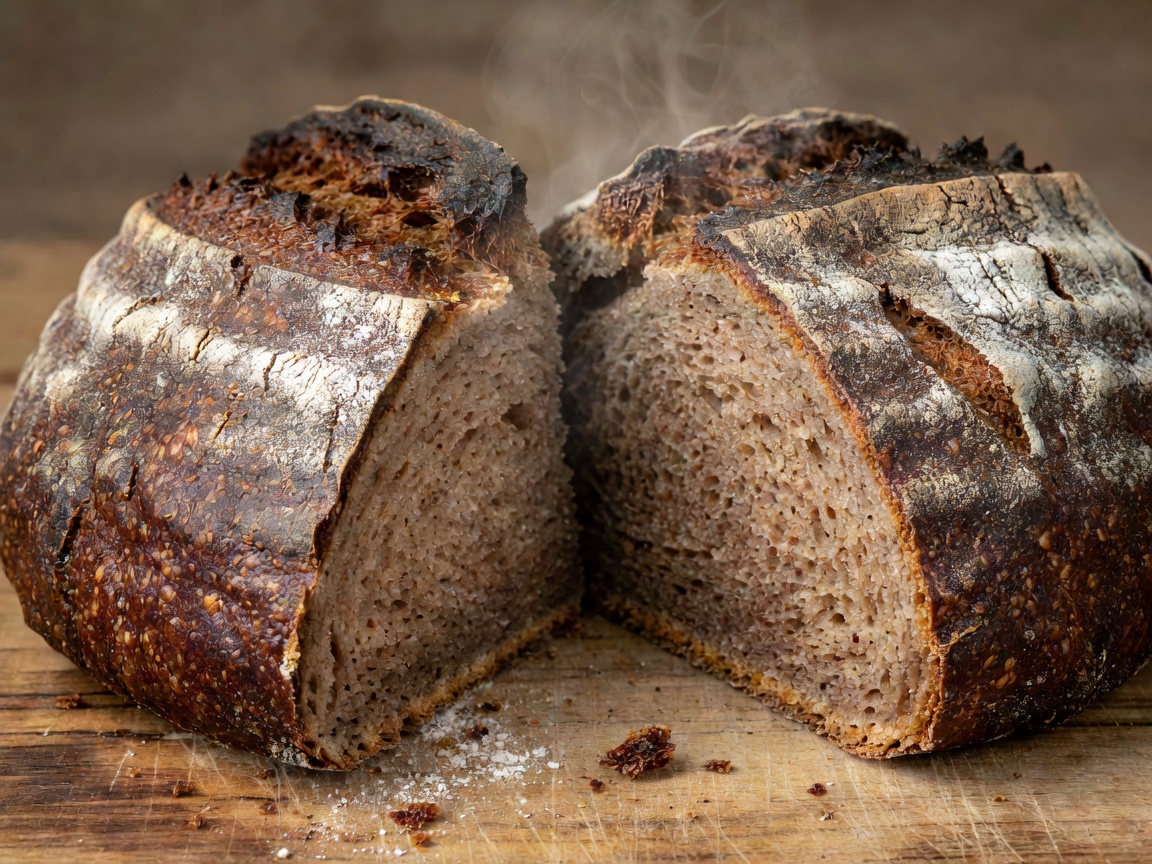 A freshly baked loaf of artisanal spelt bread with a dark, crusty exterior sliced to reveal a dense crumb