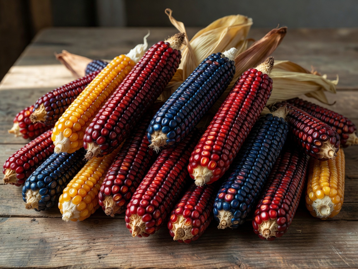 A variety of colorful dried heirloom corn cobs including red, blue, and yellow kernels