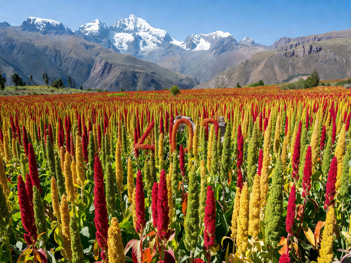 A vibrantly colored quinoa field in the Andes mountains, featuring stalks of red, yellow, and green