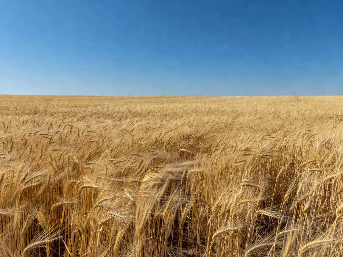A wide landscape shot of a field of einkorn wheat blowing in the wind under a clear blue sky
