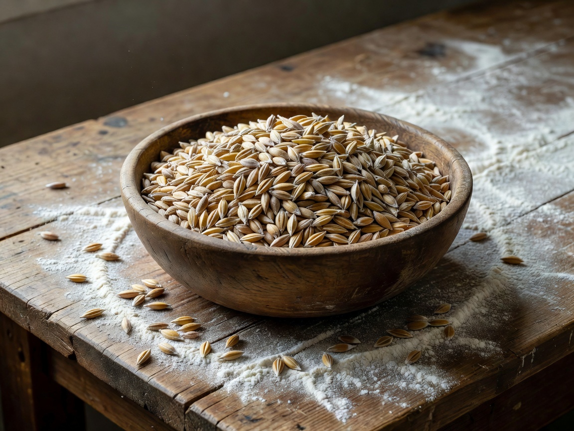 A wooden bowl filled with whole spelt kernels resting on a baker's bench dusted with flour