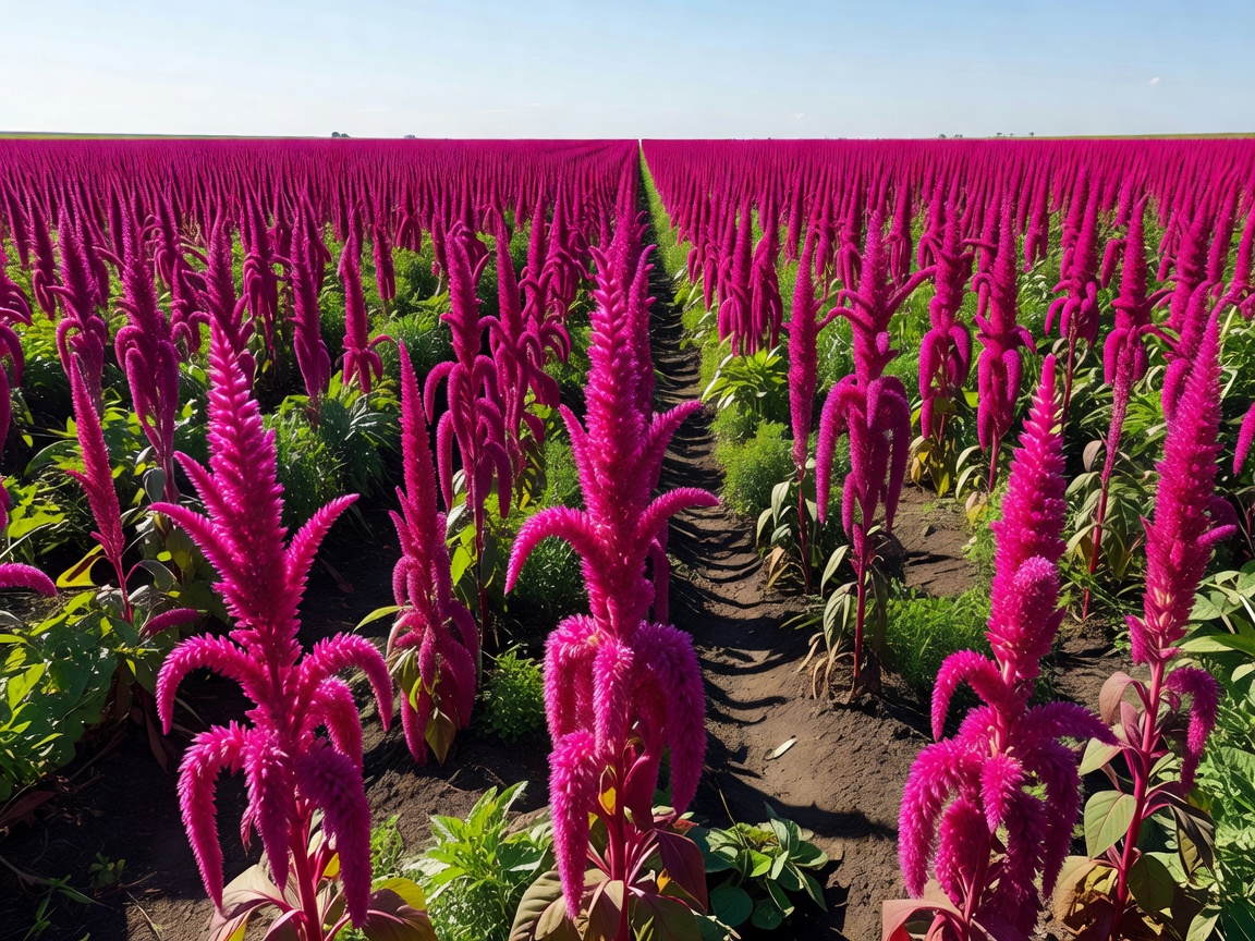 Bright fuchsia amaranth flowers growing tall in an agricultural field