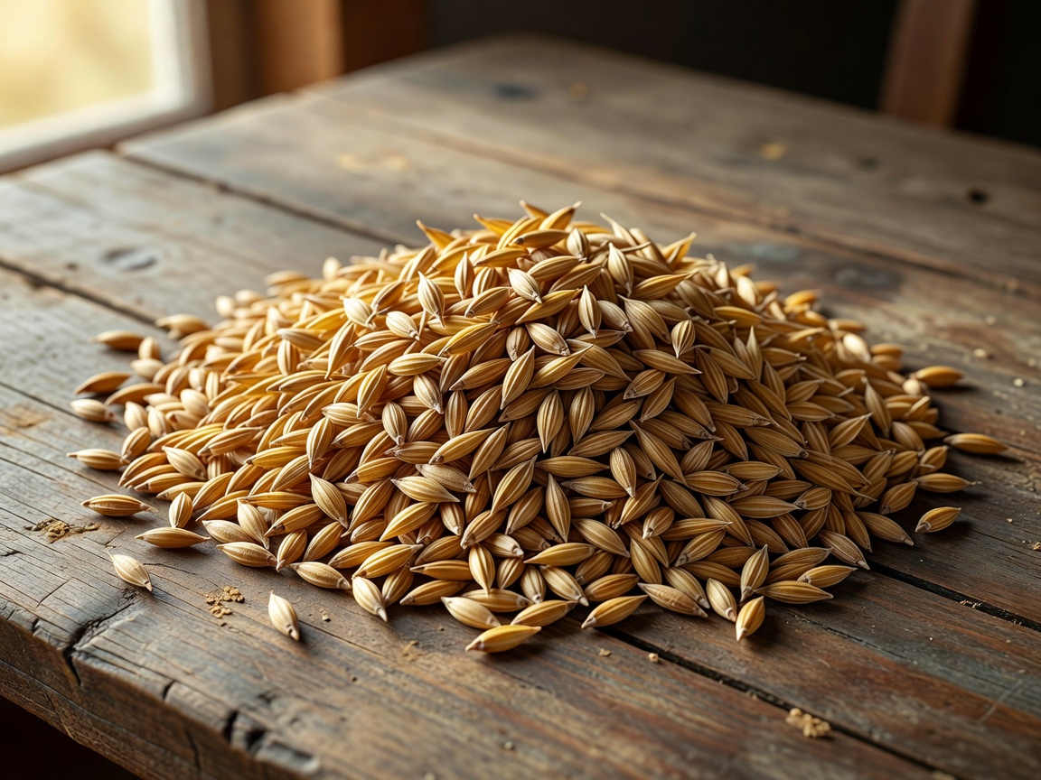 Close up of harvested spelt grains resting on a rustic wooden table