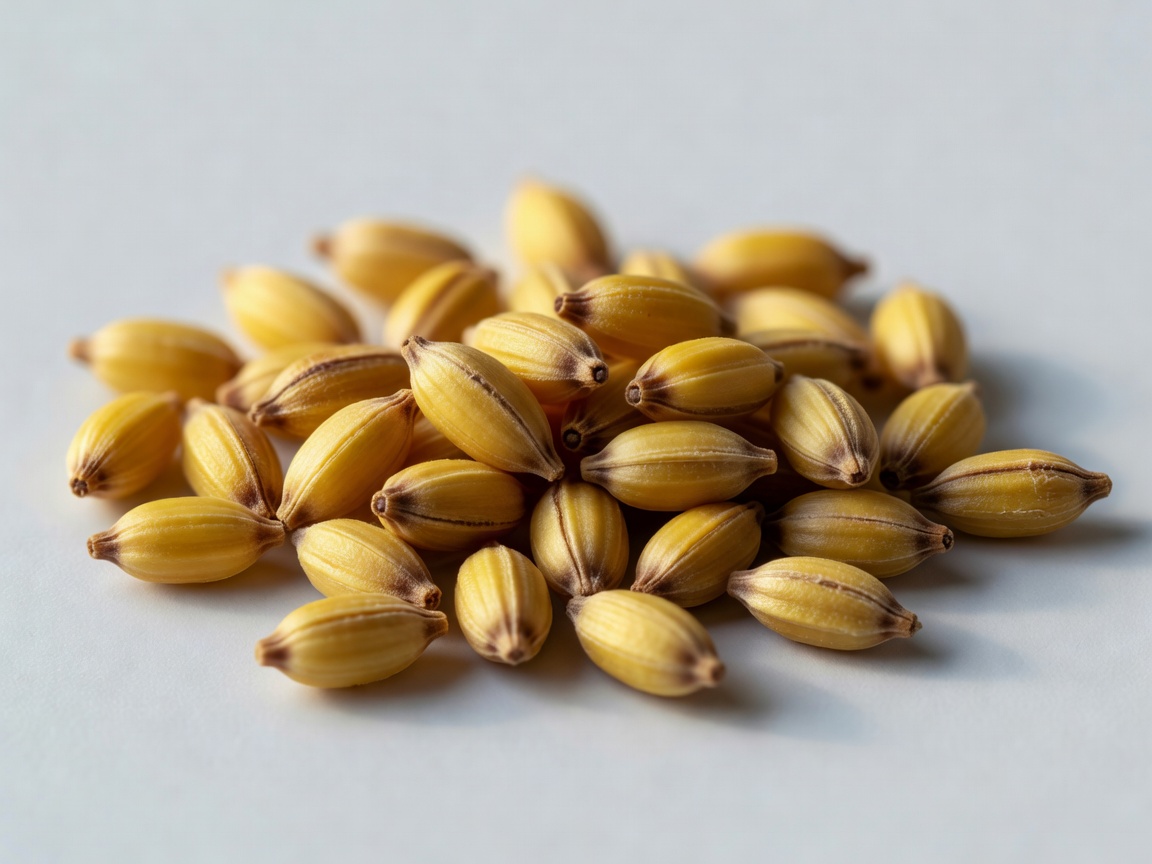 Macro photography showing the distinctive small, flat shape of golden einkorn berries