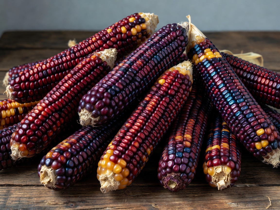 Multiple cobs of dried heirloom corn showcasing kernels in deep reds, purples, yellows, and blues