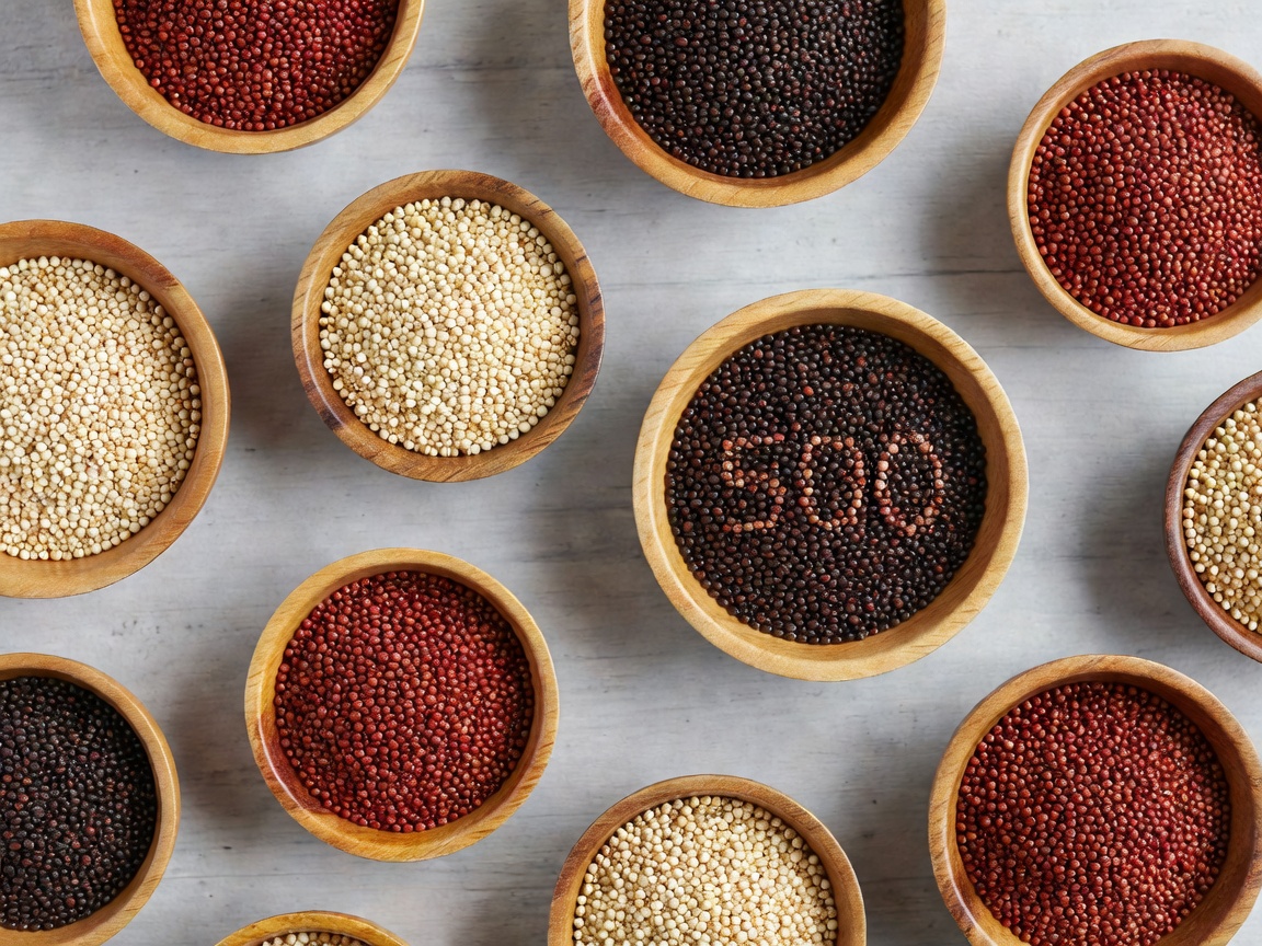 Overhead view of several small wooden bowls containing white, red, and black quinoa seeds
