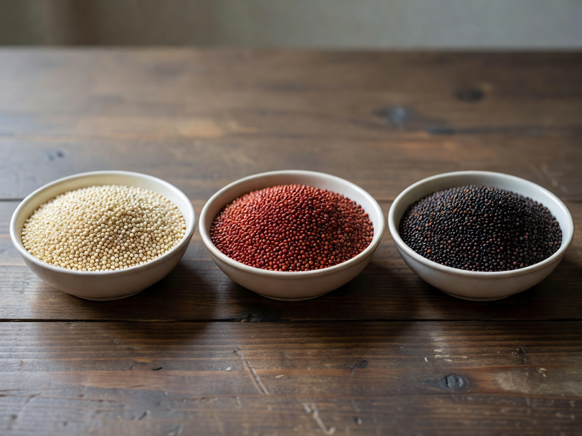 Three bowls containing white, red, and black quinoa seeds