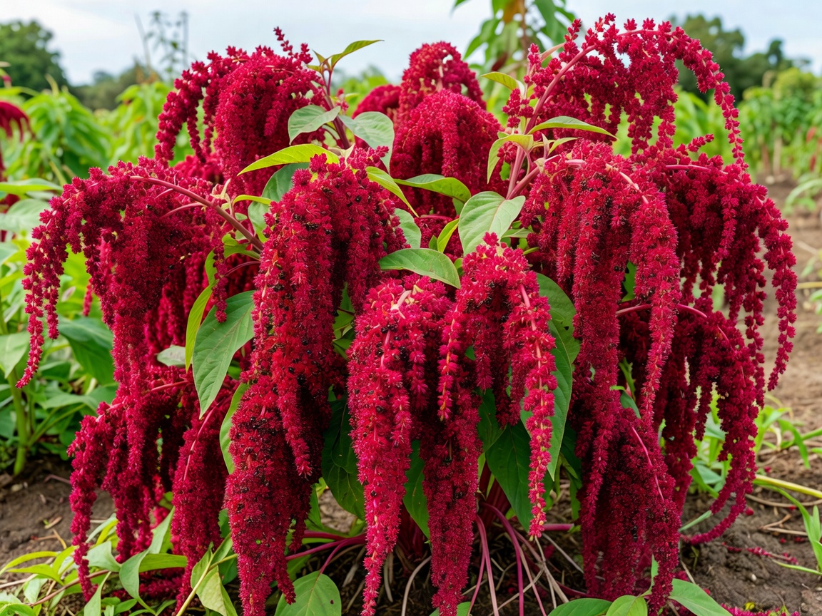 Vibrant red amaranth flowers drooping heavily with mature seeds